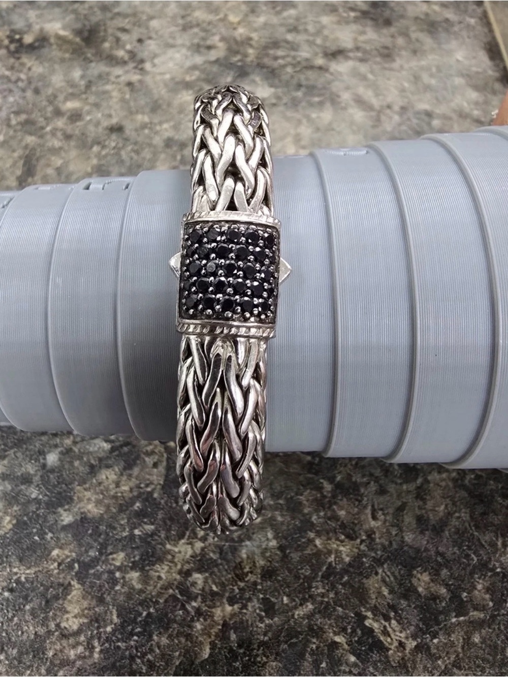John Hardy Silver Braided Bracelet with Black Pavé Center